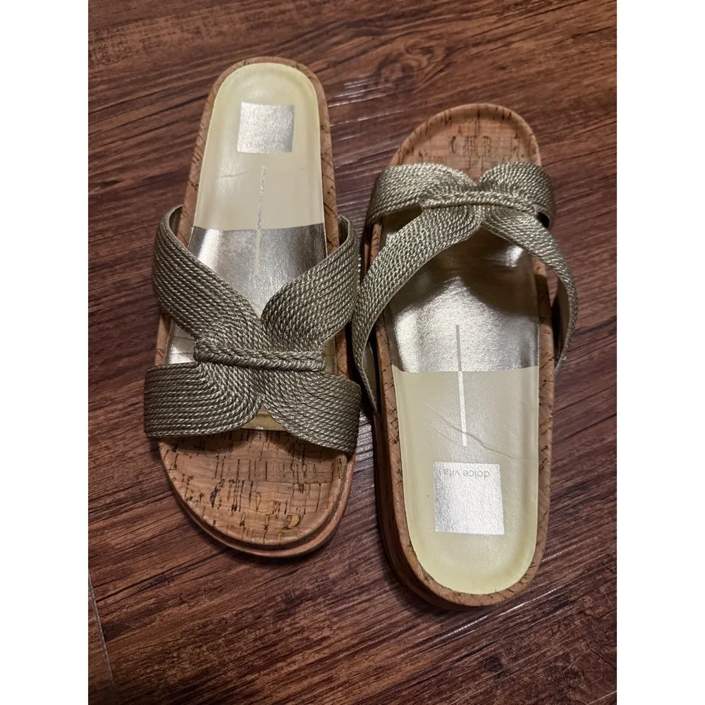 Dolce Vita Selda‎ Gold Braided Rope Cork Platform Wedge Slides Sandals Women's 8